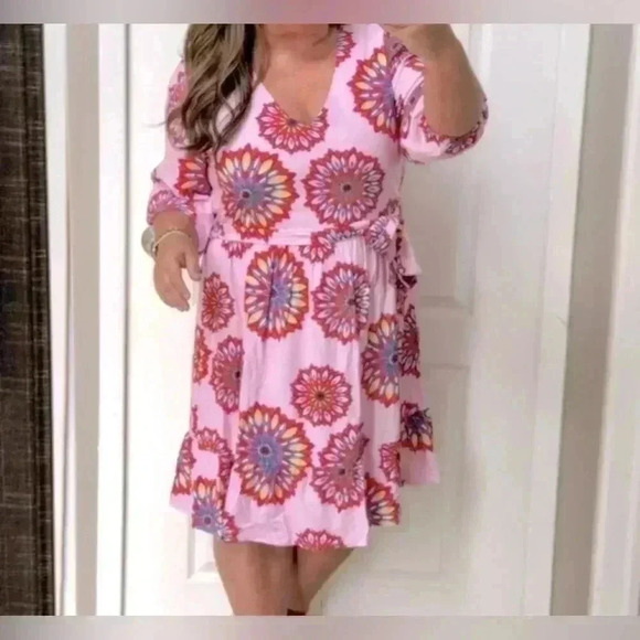 Gibson Look Casual V Neck 3/4 Sleeve 100% Rayon Midi Dress Lined Size L - Picture 2 of 8